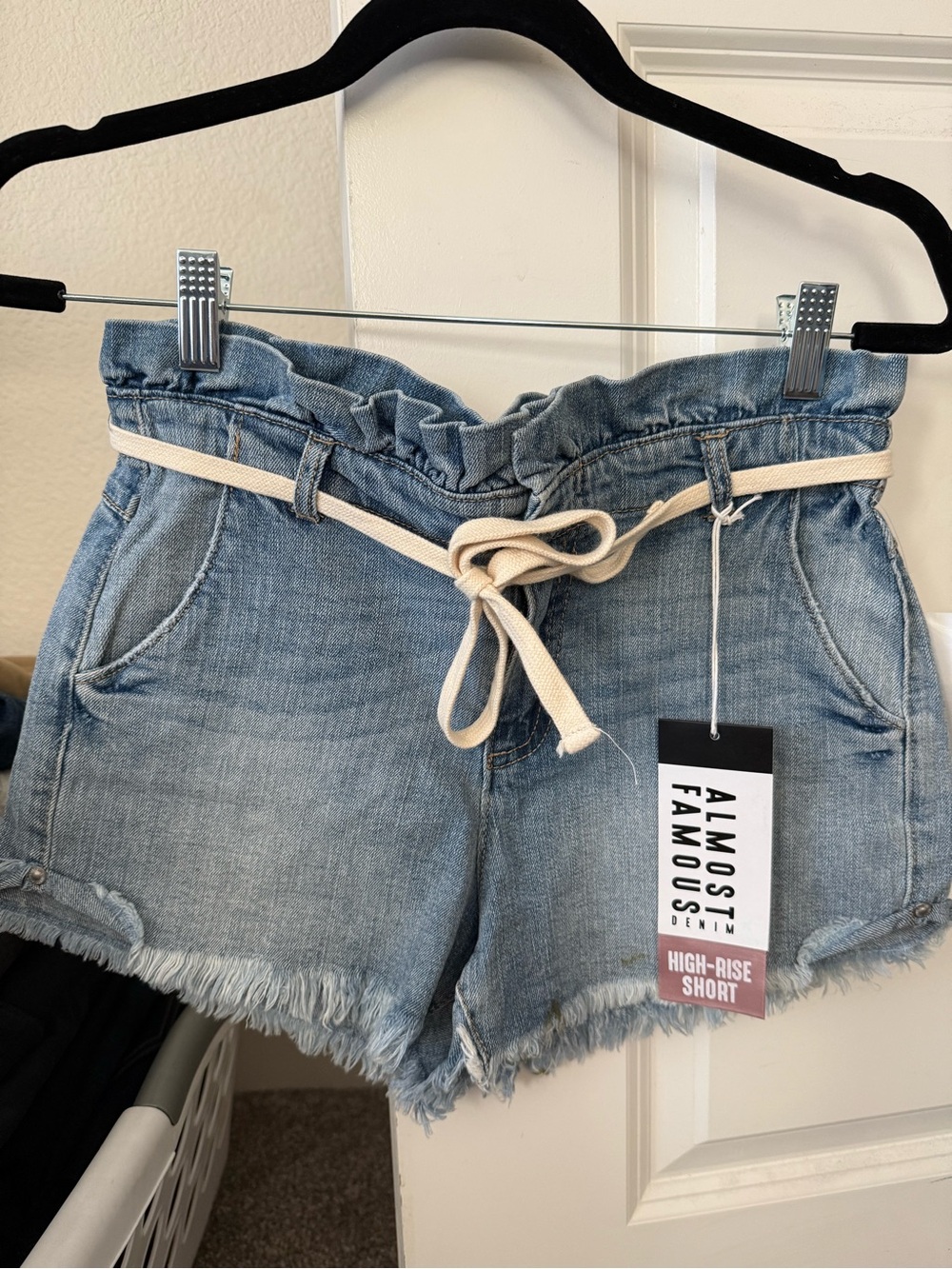 Zumiez Light Blue High-Waist Paperbag Denim Shorts with Tie